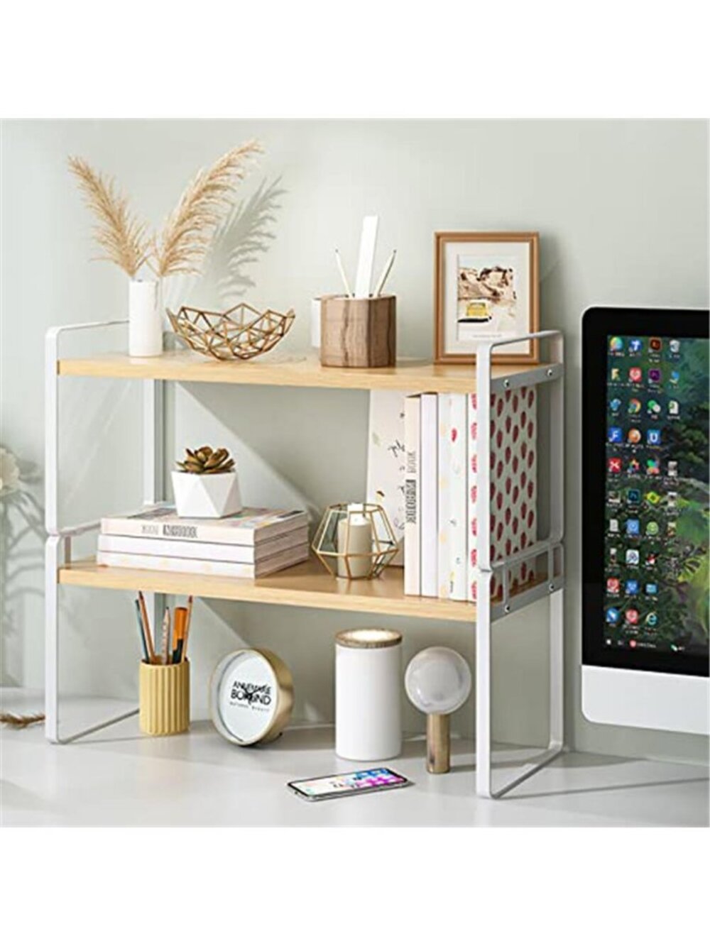 Wood Desktop Shelf Organizer 2 Tier Desk Storage Monitor Riser Office Book Rack - Picture 2 of 6